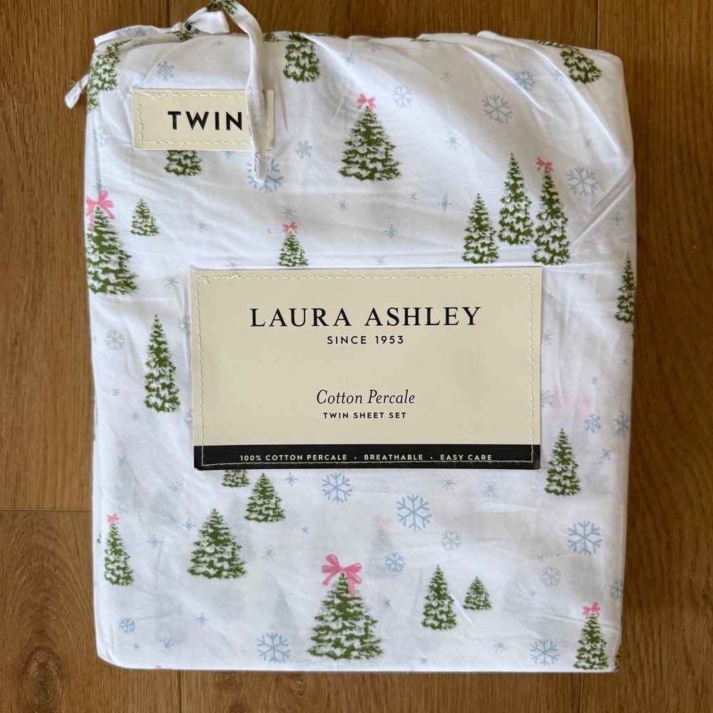 Laura Ashley Twin Sheet Set Twin White Green New Christmas Tree Pink Bow Percale